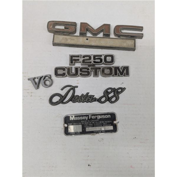 Vehicle emblems w/ massey ferguson serial number plate, gmc astro, delta88, f250 and more