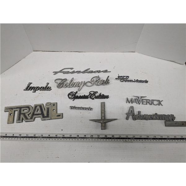 vehicle emblems- Trail, colony park, maverick, LTD crown victoria, special edition, impala