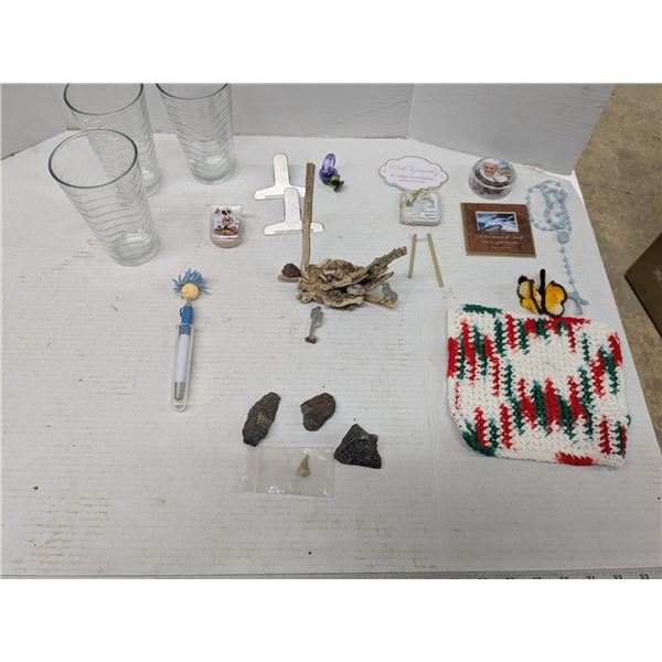 home décor- "fossils", fridge magnets, religious iconagraphy, plus drinking glasses