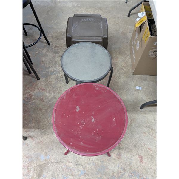 3 patio end tables, 16-19" tall, one folding