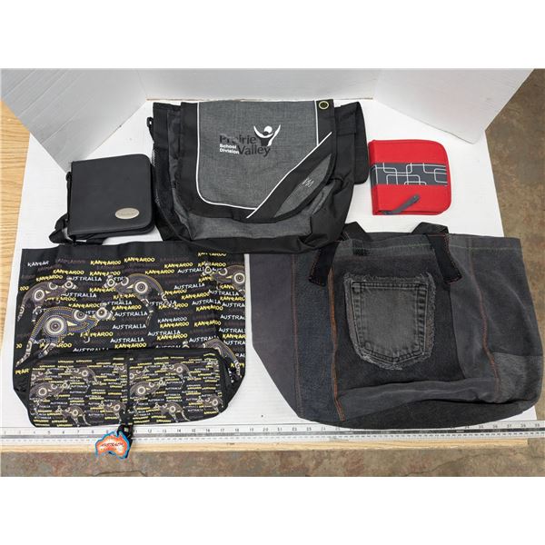 3 handbags, one collapsible, with two cd folders