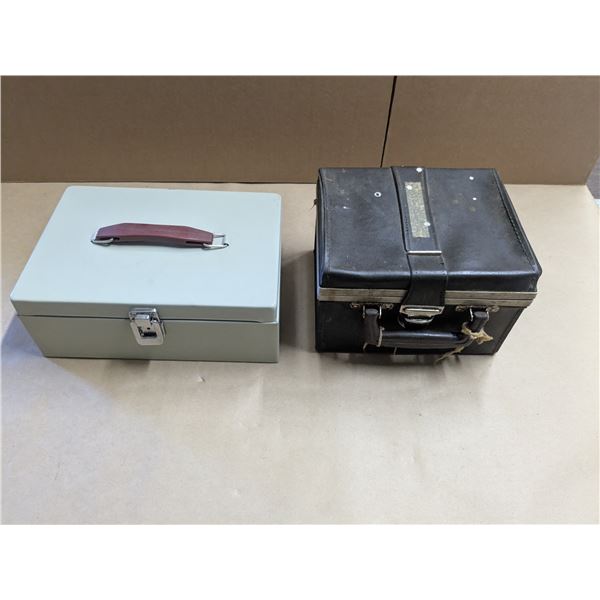 metal cash box with leather cassette tape storage case