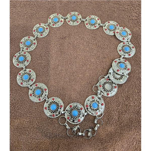 Turquois and red concho belt - silver-toned medalions.  30" long plus 9" chain.