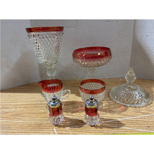 Indiana Glass Company in Diamond Point Pattern, Ruby Stained Dishes