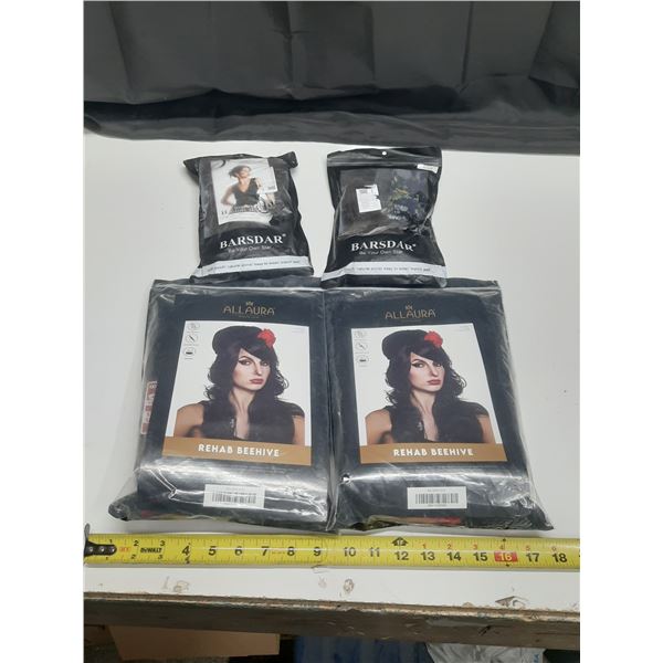 (2) ALLAURA branded Rehab Beehive costume wigs featuring a black bouffant style and a red flower acc