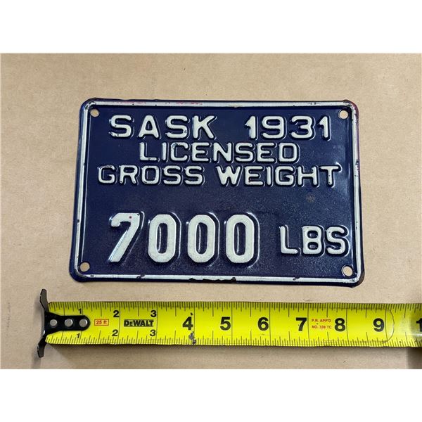 Sask 1931 Licensed Gross Weight 7000 LBS Plate.