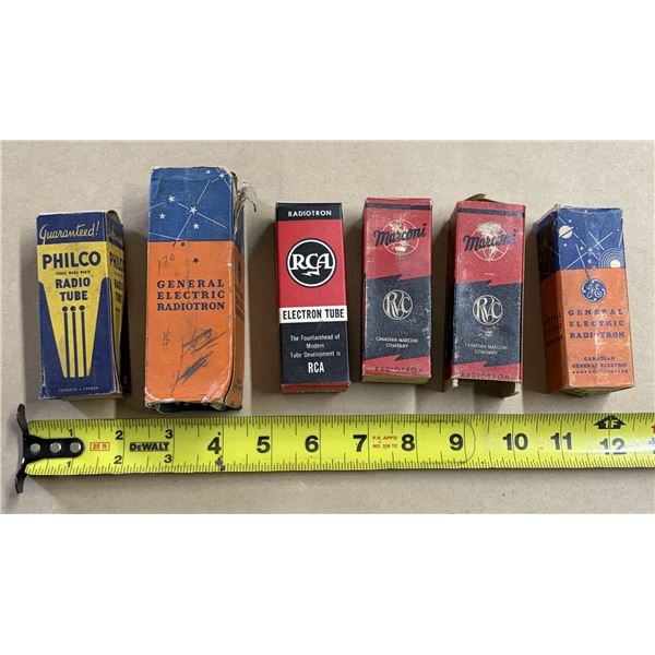 Collection of vintage radio vacuum tubes from various brands, including RCA, Marconi, Philco, and Ge