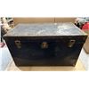Image 1 : Vintage storage trunk features a dark blue exterior with reinforced metal edges. (Height 19" X Lengt
