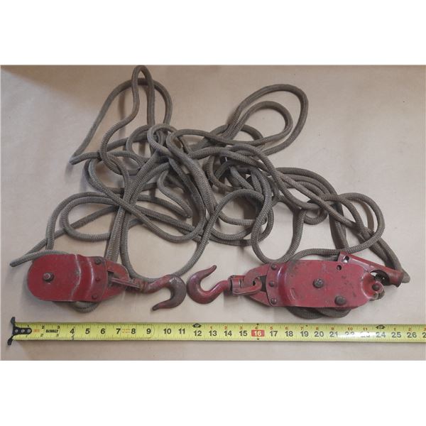 (2) Red Iron Pulley with hook and rope.