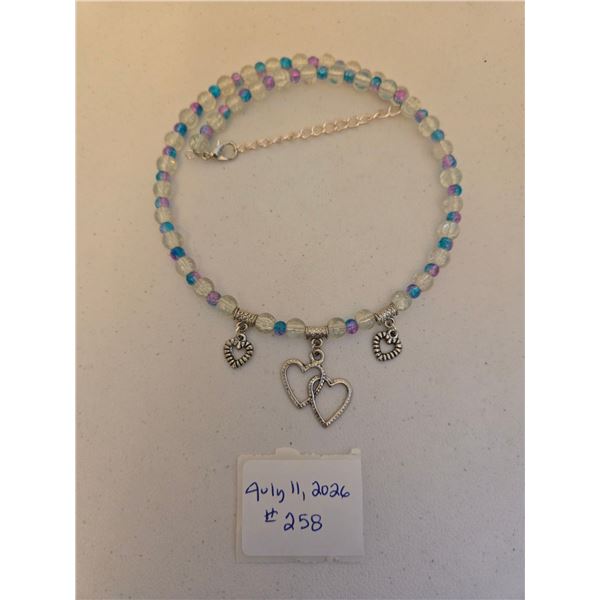 Blue and White Necklace with Heart Charms