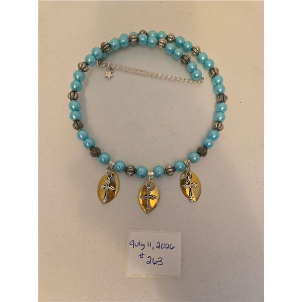 Teal and Silver Necklace with Gold Plate and Cross Charms