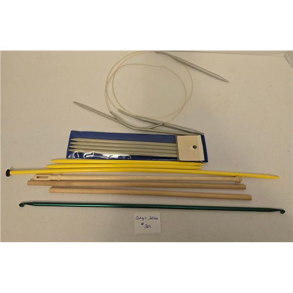 Assorted Knitting Needles and One Green Crochet Hook