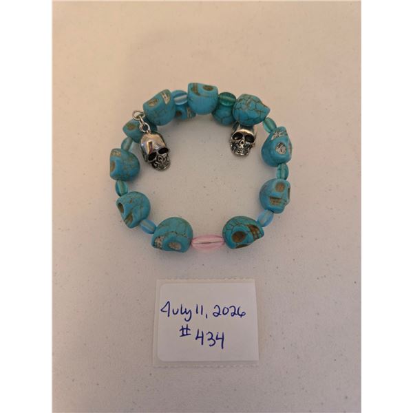 Teal Skull Shaped Beaded Bracelet with Skull Charms