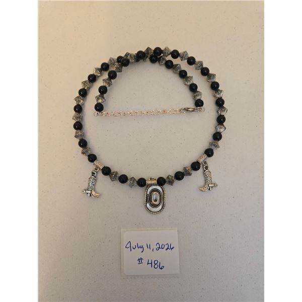 Black and Silver Necklace with Cowboy Boot and Hat Charms