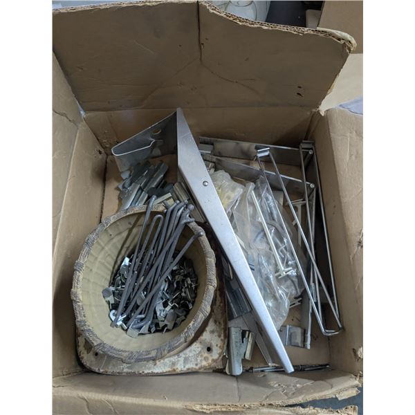Box of mixed brackets, hooks and hardware