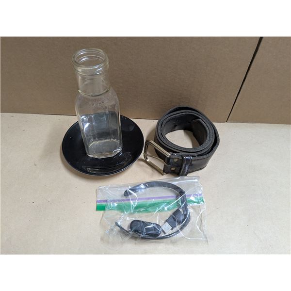 mixed lot, belt, saucer, glass bottle, fitness tracker