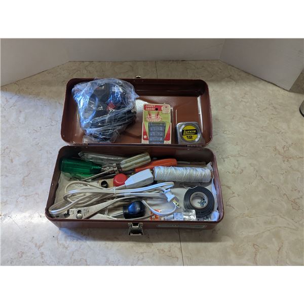 vintage metaql tackle box, trays removed, used as craft/tool box. With supplies