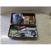 Image 1 : vintage metaql tackle box, trays removed, used as craft/tool box. With supplies