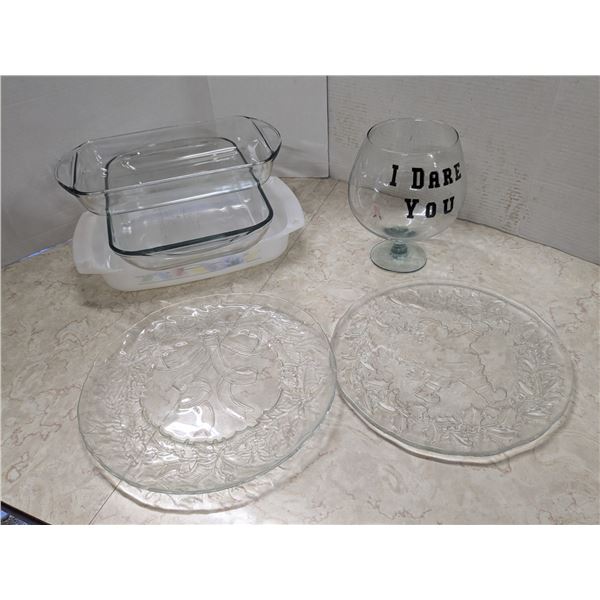glass kitchen ware. Holiday trays, casserole dishes, giant wine glass
