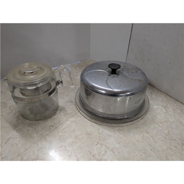 vintage glass coffee percolator, vintage glass and stainless cake tray/cover