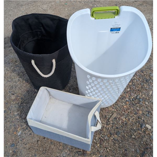 2 laundry hampers with fabric storage box
