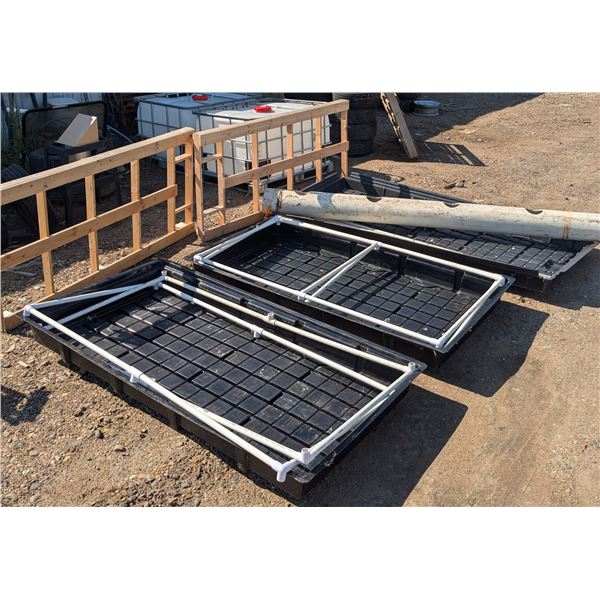 Hydroponic grow set up, 2 trays(77"x41"x6") with wheeled bases and racks, 1 larger tray (97"x44"x6")
