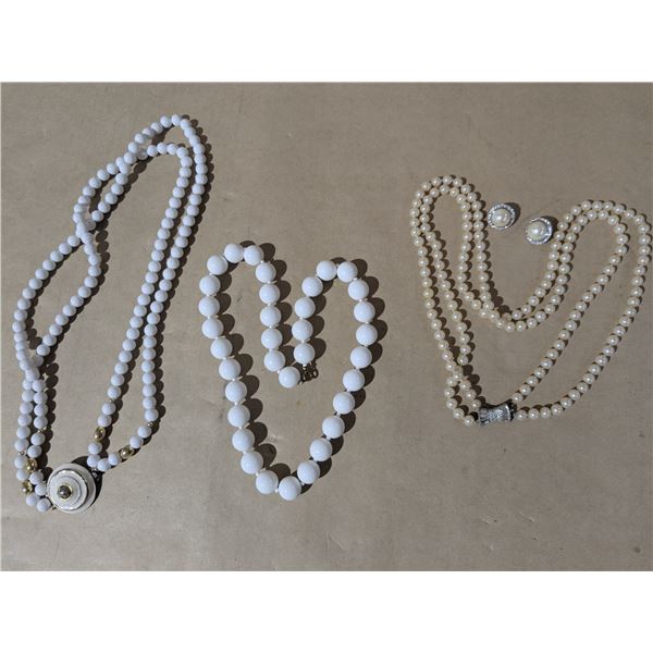 pearl like jewellery, 3 necklaces one with matching earrings