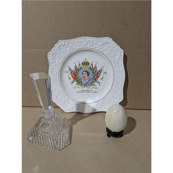QE2 plate, stone egg, cut glass perfume bottle