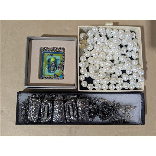 jewellery, pearl like necklace with earrings and silver tone necklaces and bracelet