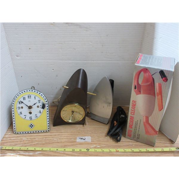 Auto Vacuum Cleaner, Charlescraft Iron with Cord, Westclox Electric Clock, and 8 Day Clock