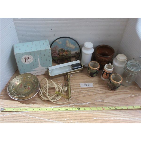 Brass Lamp, Ashtrays, Cups, and Collectables