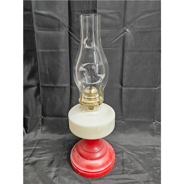 Vintage Red & White Glass Oil Lamp with Clear Chimney
