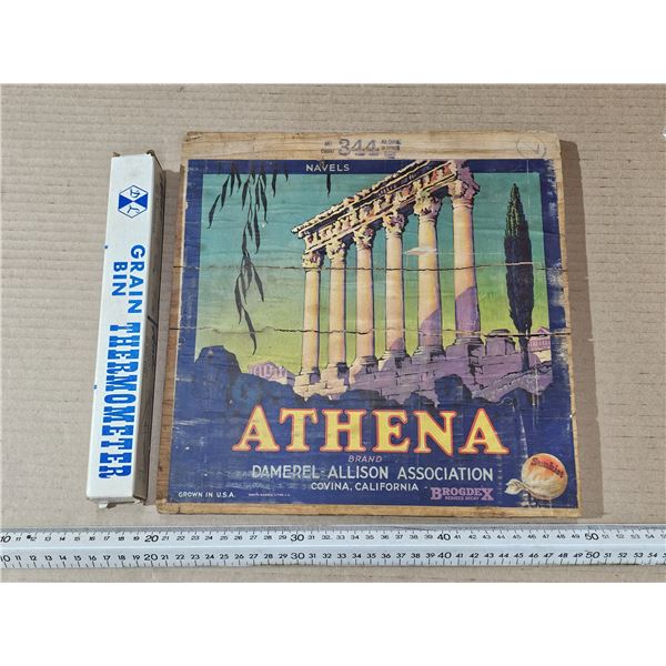 Vintage Athena Citrus Wooden Crate “Sign”, Vintage NOS Grain Bin Thermometer in Bo
