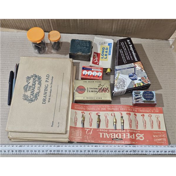 Assorted Vintage Stationary Lot - Pen Nibs, Pencil Leads, Drawing Pads etc.