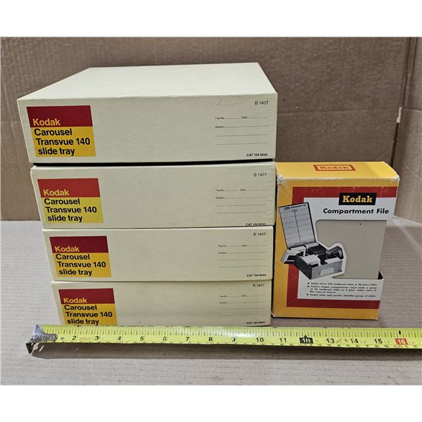 Lot of (4) Kodak Carousel Slide Trays and Compartment File, all in original boxes.