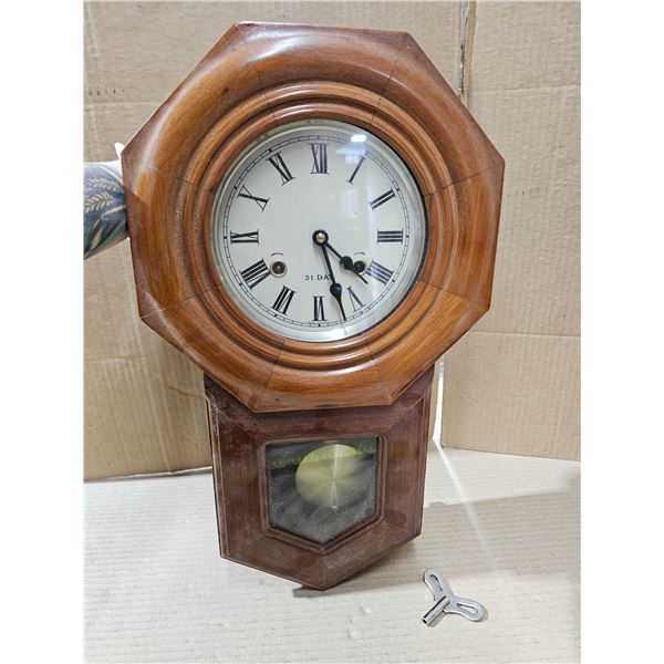Vintage 31-Day Wooden Wall Clock with Key