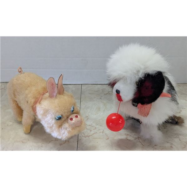 Vintage wind up toys, working, dog and pig
