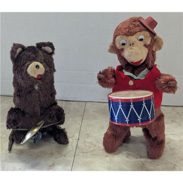 vintage wind up toys, working, cymbal bear and drummer monkey