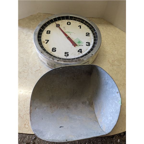 vintage general store scale, with tray, one pane of glass missing