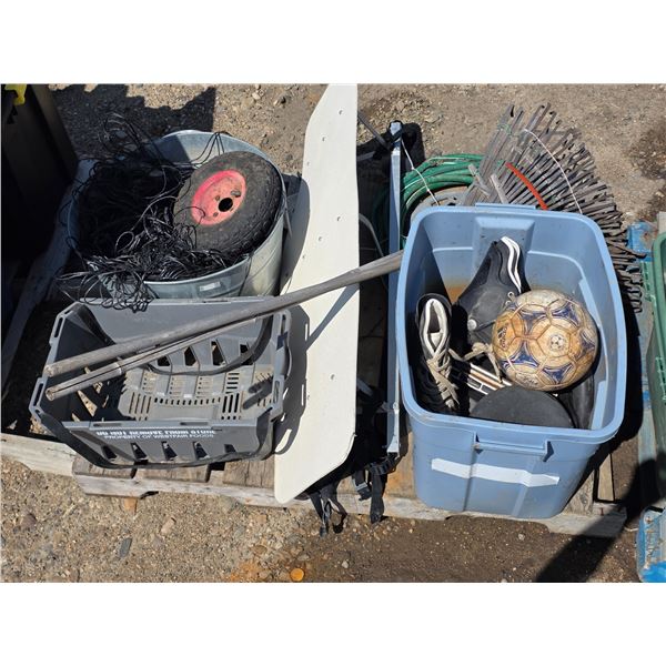 Pallet of items- rake, garden hose, totes, skates