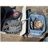 Image 1 : Pallet of items- rake, garden hose, totes, skates