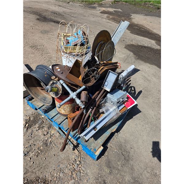 Pallet of saws, scrap, rim, misc items