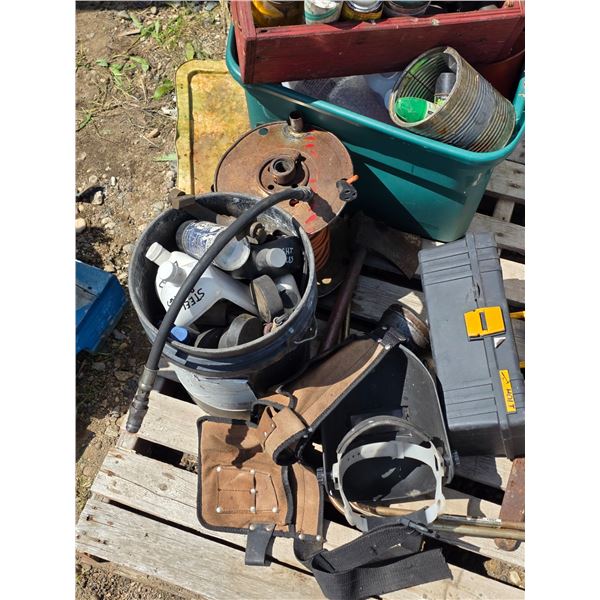 Pallet of tools and hardware, tool belt, vehicle belts, extension cord