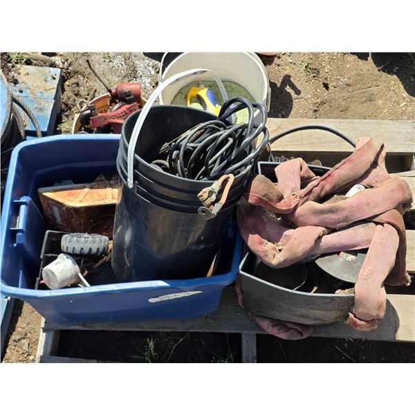 Pallet of hardware bucket of sand, clevises, tow rope, wire