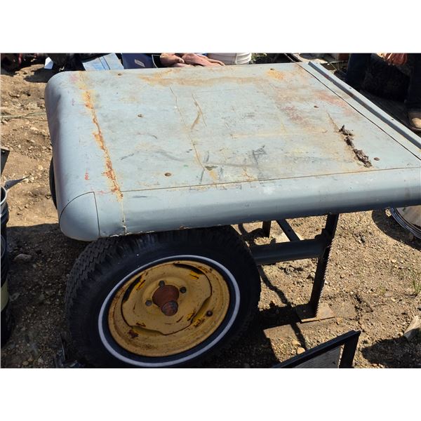 Home made shop table with large wheels- 48" by 50" by 33"H