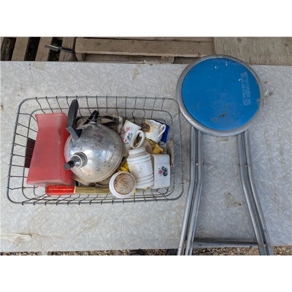 basket of collectibles with 18" folding stool
