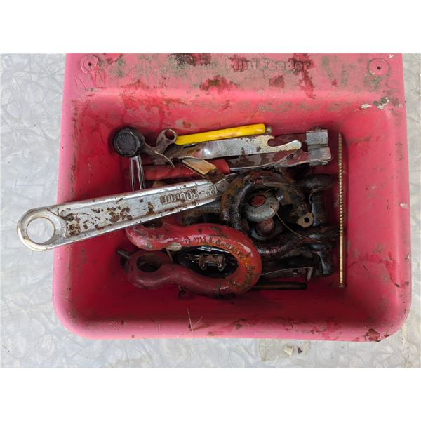 6qt plastic tub full of mixed tools and hardware