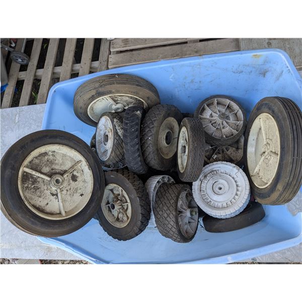 bin of mixed diameter plastic wheels