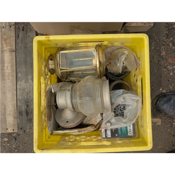 milk crate of nails and hardware