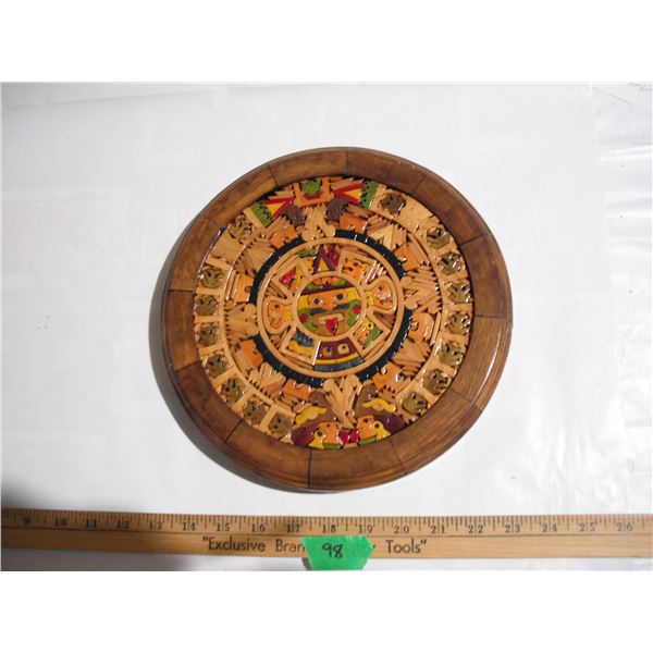 Vintage Artisanal Azteca Wood Inlay Aztec Calendar Plaque